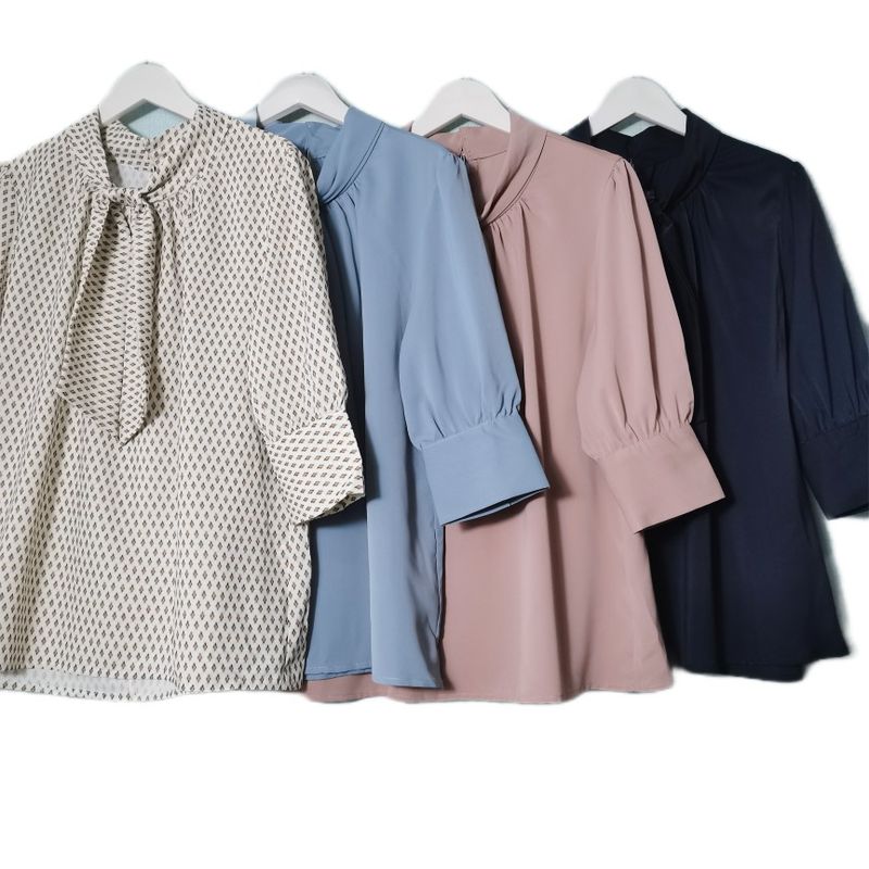 Export Tail Goods Ribbon Half Sleeve Shirt Women's Professional Commute Shirt Easiest for Match Stylish Bottoming Shirt Office Lady Style