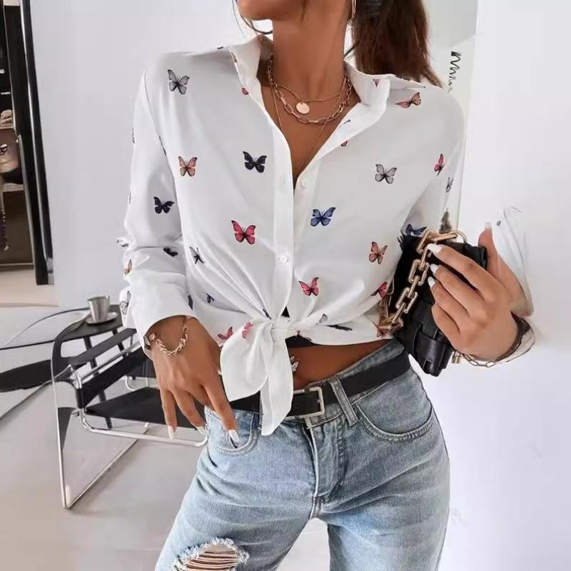 Fashion Butterfly Printed Long Sleeve S-5XL Loose Shirts Women Vintage Single Breasted Plus Size Blouse Women Elegant Lapel Office Blouse Tops 26247