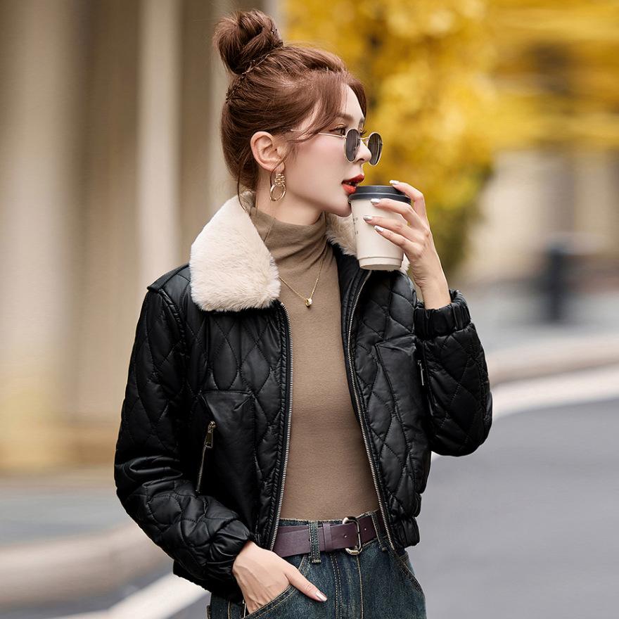 Leather Jacket Women's New Autumn and Winter Small Slim-fitting and Thin Plush Thickened Fur Collar Cotton-padded Coat