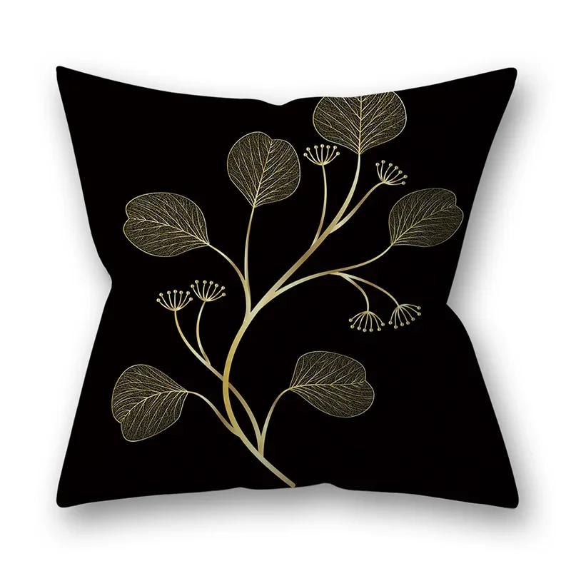 45x45cm Golden Feather Black Pillowcase Custom Leaves Plants Cushion Cover Sofa Living Room Home Decor Square Pillowslip