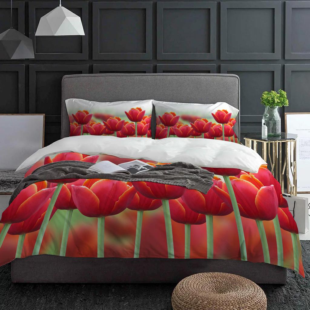 Flowers Red Bouquet Tulips Duvet Cover Bed Bedding Set Home Textile Quilt Cover Pillowcases Bedroom Double Bedding Set No Sheet