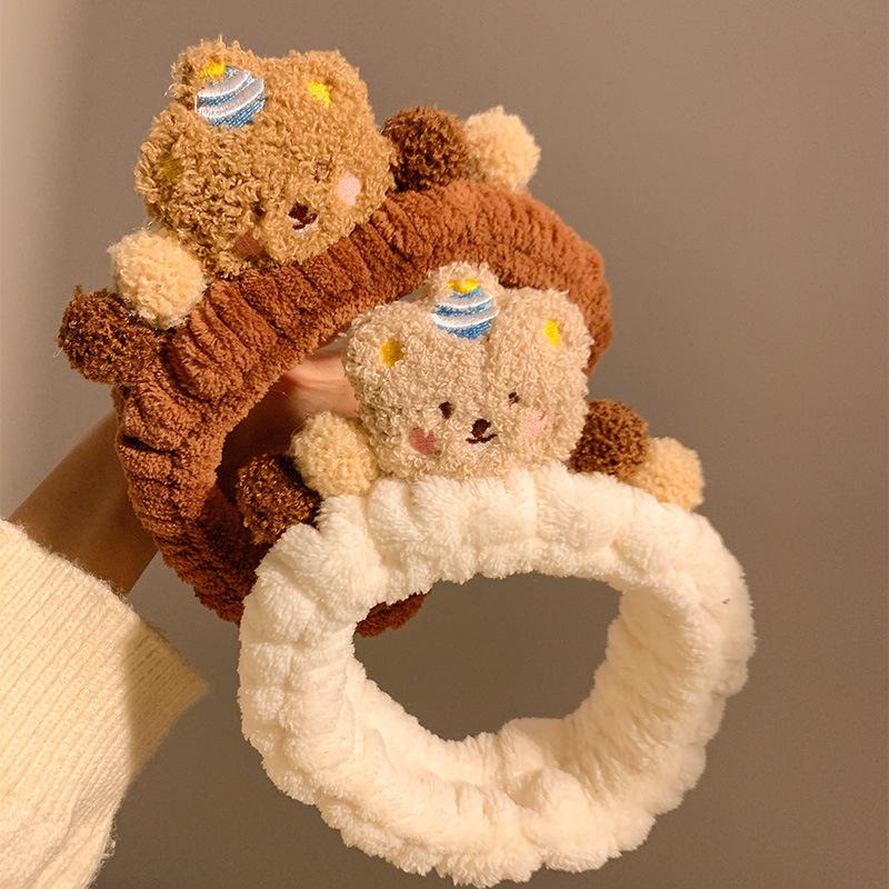 New cartoon coffee color cute bear hair band plush wash face makeup apply facial mask autumn winter hair band female hair band