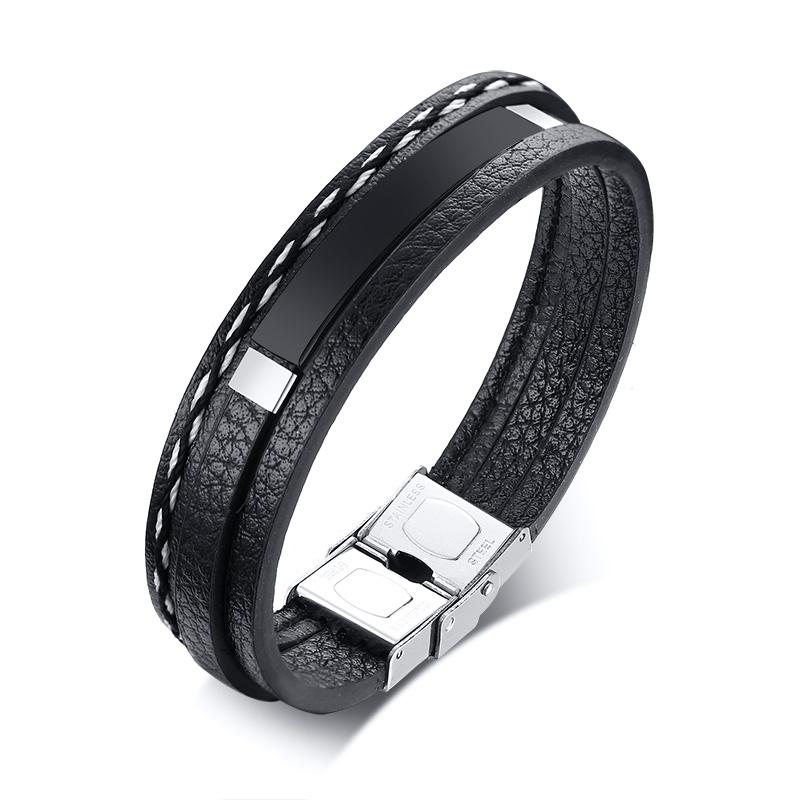 Vnox Bracelets Multi-couches en Cuir Personnalisés avec Logo Nom Citation pour Hommes Bracelet Identité en Acier Inoxydable Personnaliser Cadeau Papa Père