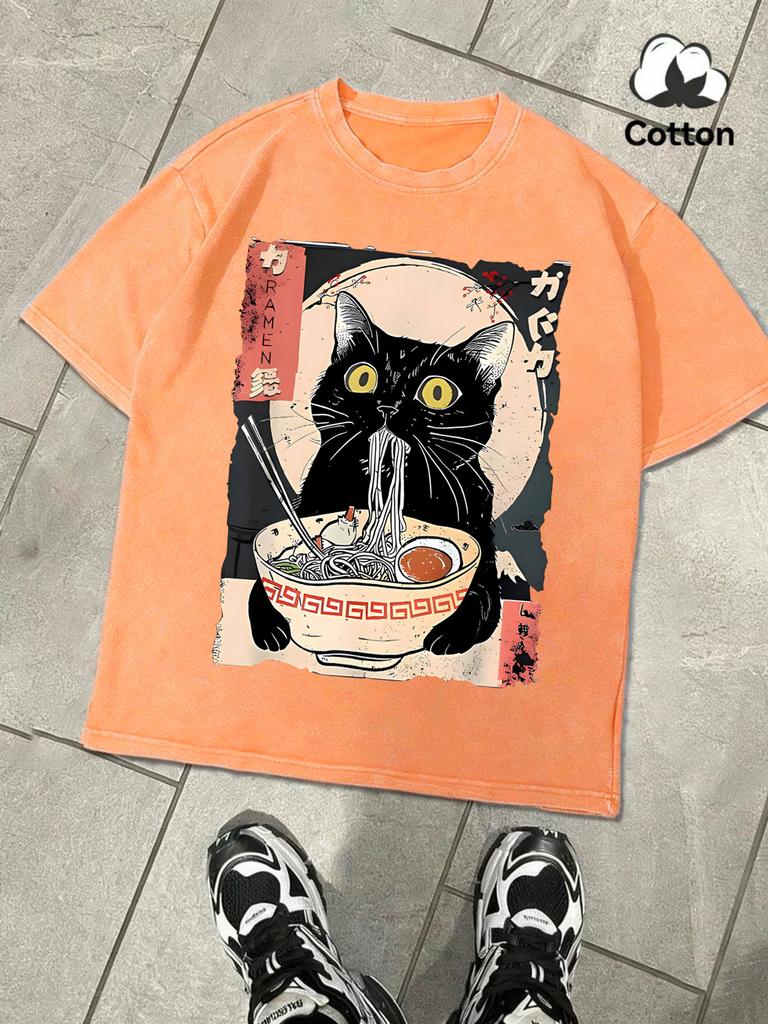 Cat Likes To Eat Noodles And Daydream Washed Mens TShirt Retro Summer Cotton Tee Fashion Basics Clothing Unisex Soft Loose Top