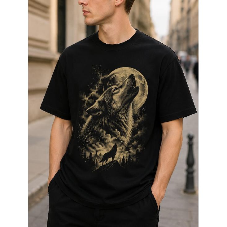 Men's black cotton t-shirt with howling wolf and moon graphic, crew neck short sleeve relaxed fit for casual streetwear