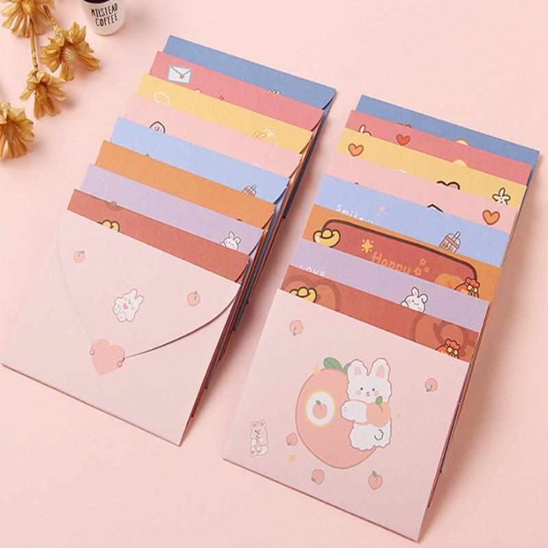 10Pcs Bear Rabbit Blessing Thank Envelope Ins Cartoon Decoration Letter Paper Foldable Beautiful Cartoon Greeting Card