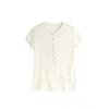 Spice Girl Henry Collar Button Shoulder T-Shirt Women's Summer Waist Skinny Top Versatile Solid Color Short Sleeves