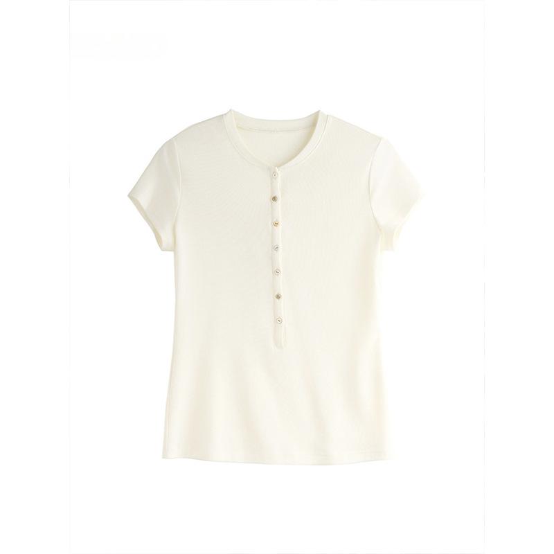 Spice Girl Henry Collar Button Shoulder T-Shirt Women's Summer Waist Skinny Top Versatile Solid Color Short Sleeves