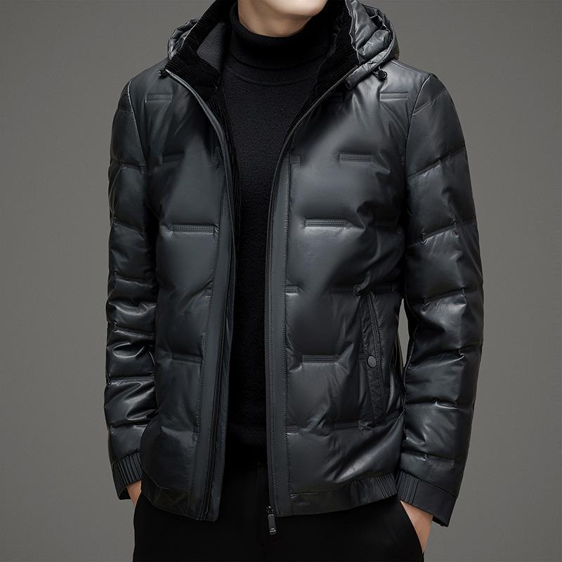 Daunenjacke mit Kapuze für Herren, Winter, neue Daunenjacke aus PU-Leder für Herren, Mantel, warme, verdickte Lederjacke, Ledermantel