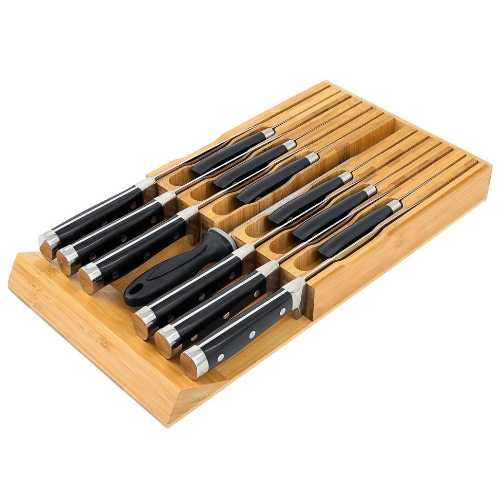 VaeFae Bamboo Knife Drawer Knife Drawer Organizer Kitchen Drawer Knife Block for 12 Plus Slot for Knife Sharpener Organizer, Insert, Knives, (No