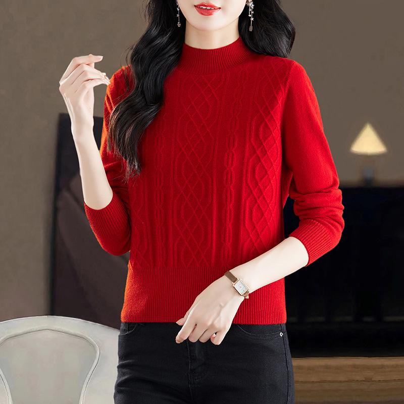 Women's Wool Half-High Collar Sweater - Winter Knit Loose Fit Base Layer