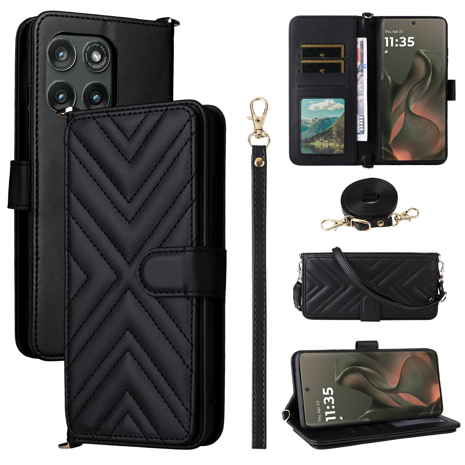 

For Motorola Edge (2025) 5G/Edge (Gen 6) Case with Shoulder/Wrist Strap Leather Phone Cover Stand Wallet Black
