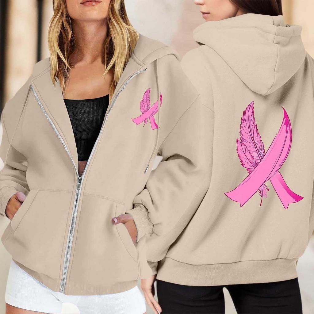 Women's Breast Sweatshirt Ribbon Breast Long Sleeve Hooded Pocket Casual Sweatshirt Jacket
