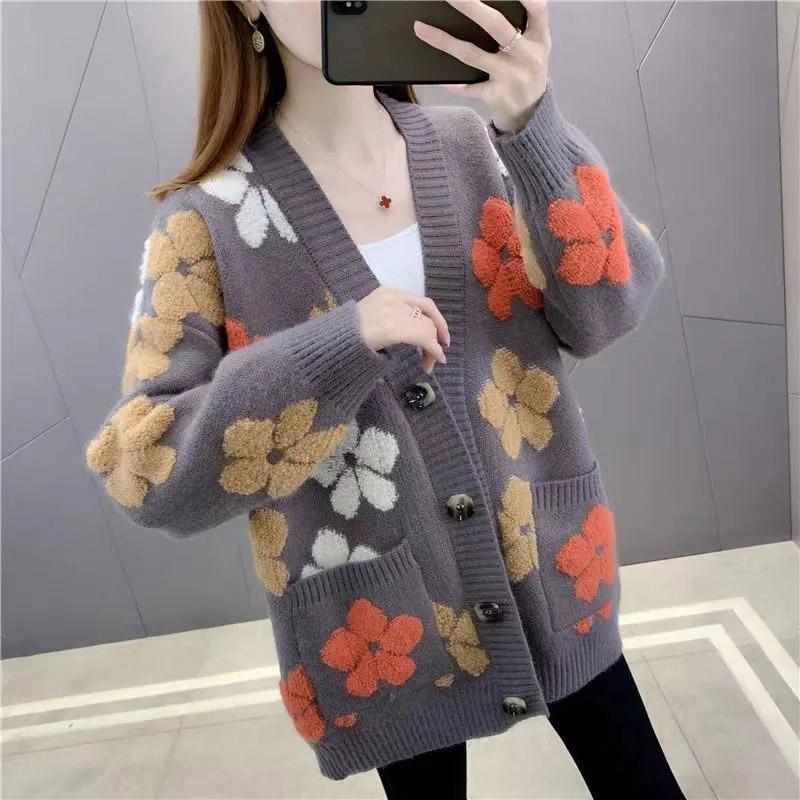 Large Size Sweater Coat Women Autumn Flower Loose Comfortable Stretch Cardigan Pocket Casual Knitted Jacket