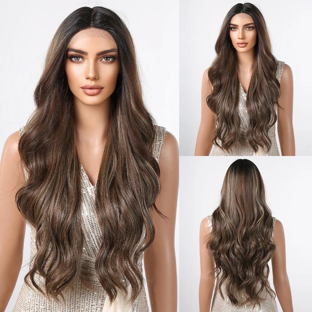 EASIHAIR Super Long Wavy Lace Front Synthetic Wigs Platinum Blonde Ombre Natural Lace Frontal Wig for Women Heat Resistant Cosplay Wig