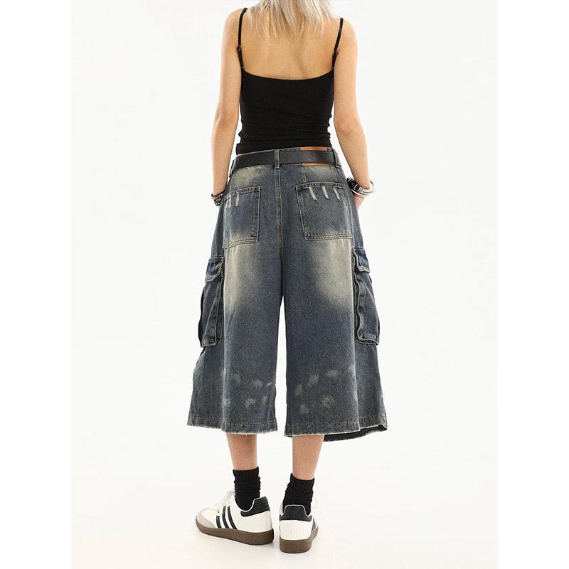 Pantaloni scurți denim de lucru pentru femei, cu aspect vintage spălat, cu buzunare multiple, design plisat, largi, cu cădere, pantaloni șapte sferturi
