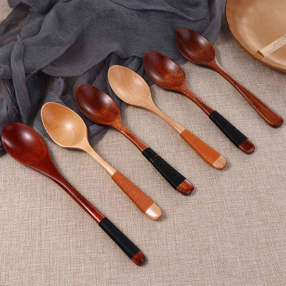Mixing Baby Tableware with Tied Line Wooden Eating Cutlery Soup Spoons Scoop Kitchen Utensil