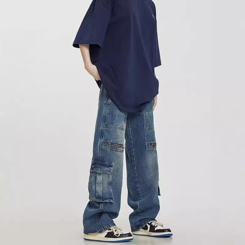 Men Women Vintage Washed Denim Cargo Pants Loose Straight Fit Streetwear Trousers With Multiple Pockets