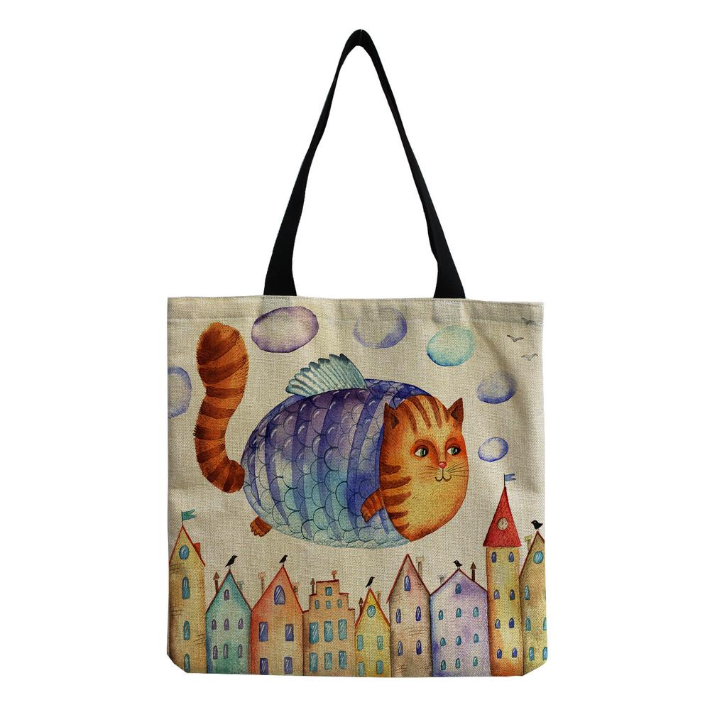 Women Vintage Linen Tote Bag - Large Capacity Cat Print Shoulder Handbag for Casual & Grocery Shopping KTB