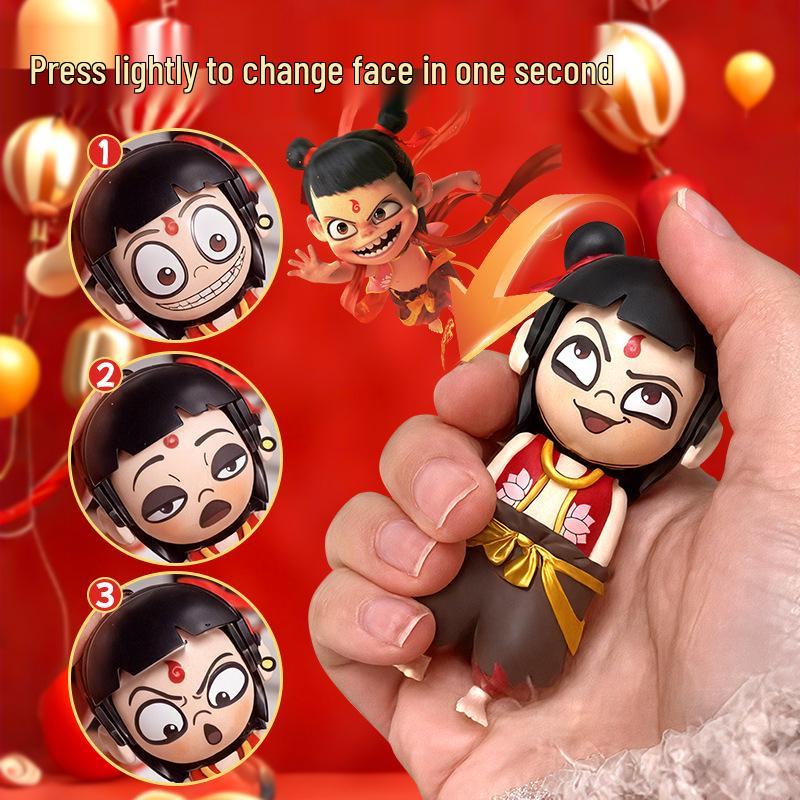 Nezha Face-Changing Keychain: Conquer the Dragon King, Ao Bing Press-to-Change Doll Pendant