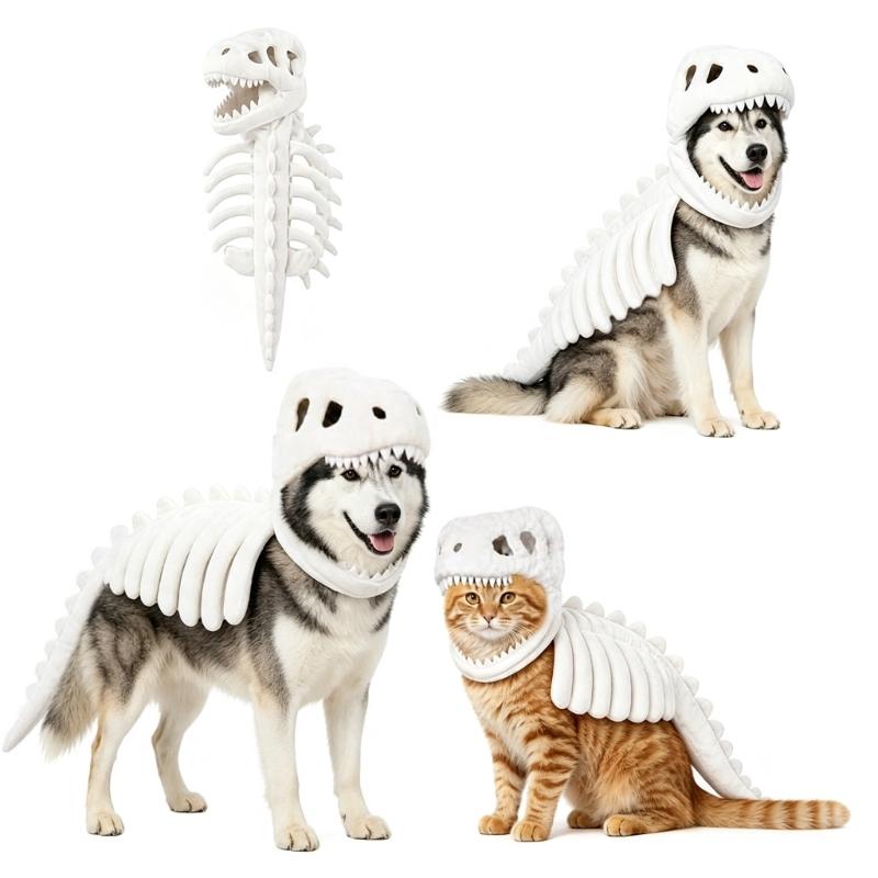 Halloween Dinosaurierskelett Kostüm für Haustiere, Skelettschädel und Rippen Design Outfit mit gepolsterter Wirbelsäule und Schwanz für Hunde und Katzen Cosplay