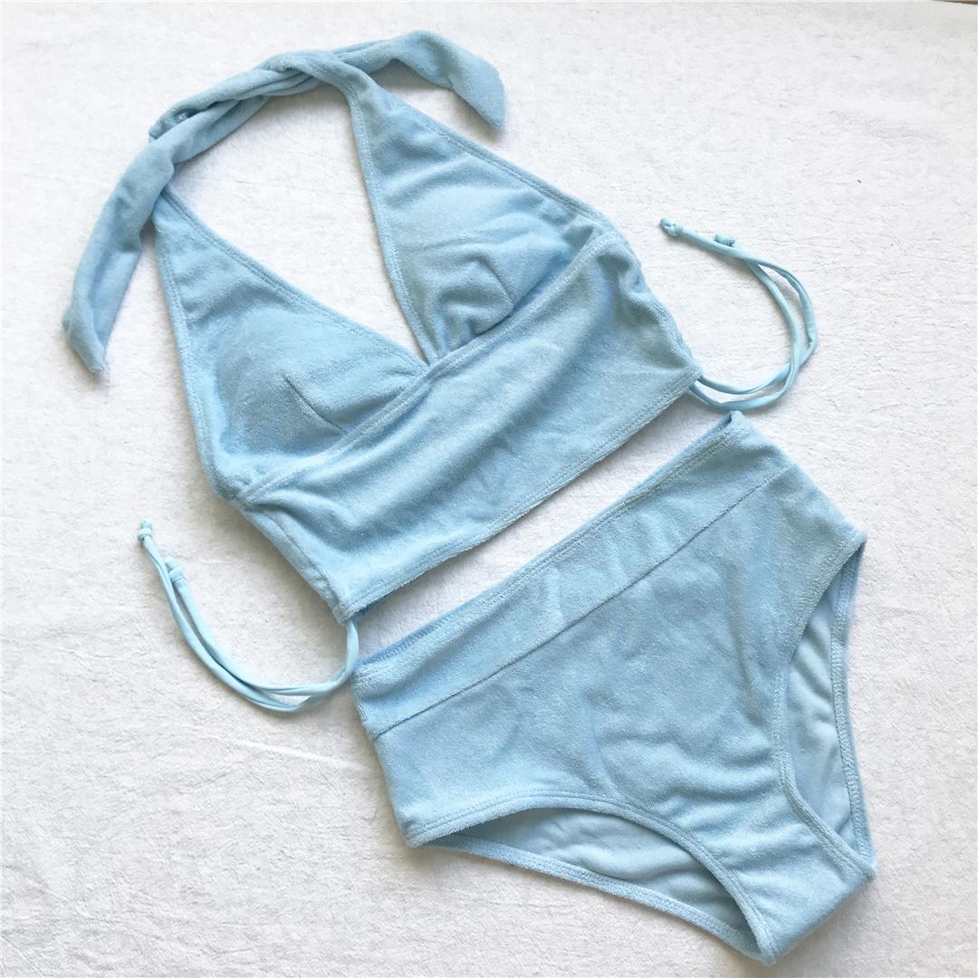 

V-образный вырез халтер женский купальник бикини с высокой талией женский купальник из двух частей комплект бикини с подкладкой купальный костюм женский купальник S синий