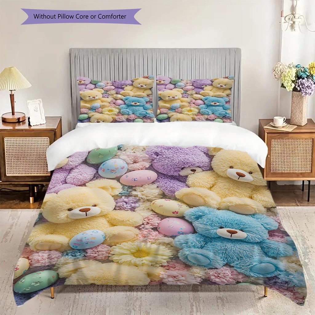 Teddy Bear Pattern Bedding Quilt Set Quilt Cover Pillowcase Home Decoration Birthday Gift (1 * duvet cover + 2 * pillowcase, without core)