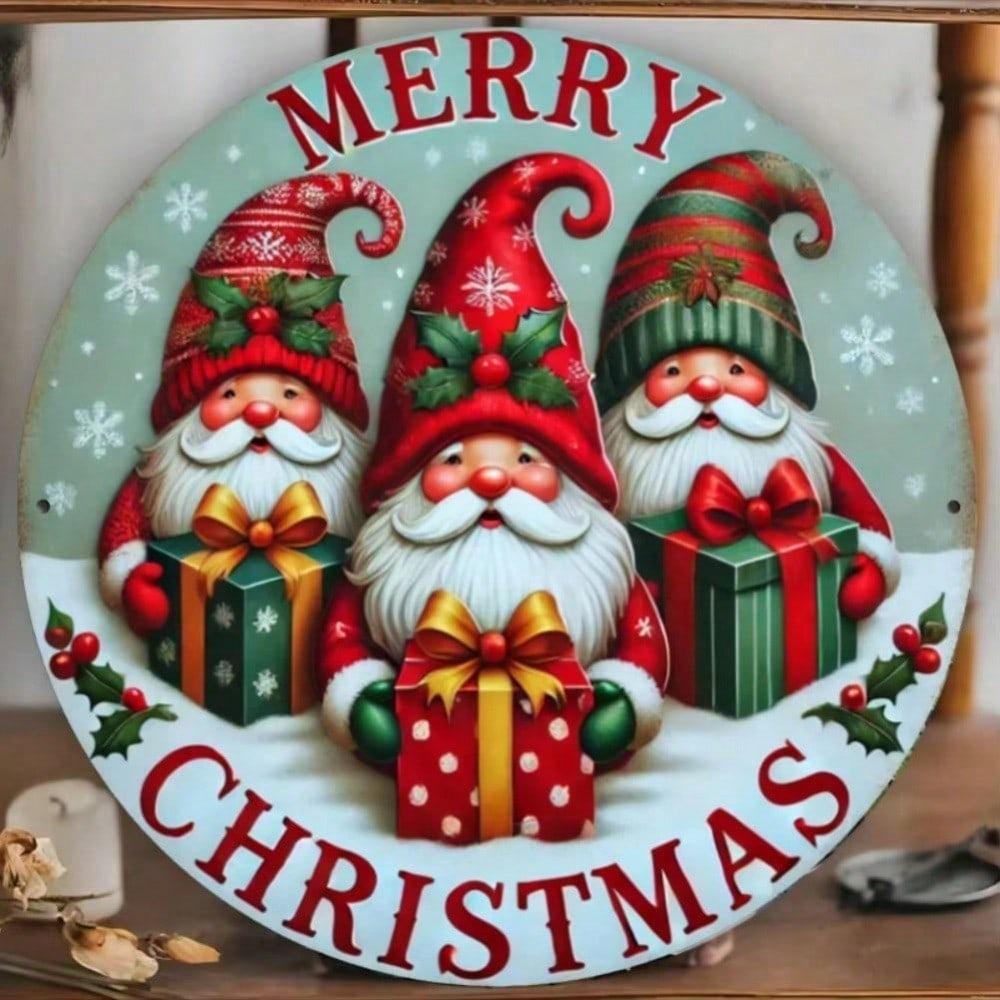 3D Christmas Gnomes Round Metal Wall Sign, Rustproof Waterproof Home Decor Art for Living Room Bedroom Kitchen Bathroom