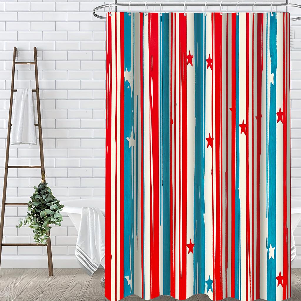 Watercolor Stripe & Star Shower Curtain 1Pc With 12 Hooks For Bathroom Home Decor Polyester 2D Flat Print 70.8X70.8 Inch