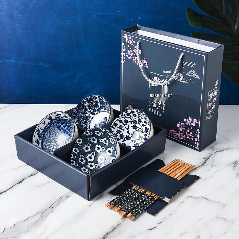 Керамическая сине-белая миска и набор палочек для еды Jingboli