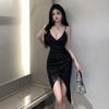 European and American Style Sexy Goddess V-neck Split Strap Mid Length Dress Fashion Women's Wear
