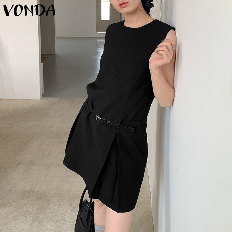 VONDA Women Elegant Round Neck Sleeveless Solid Casual Pleated Dress No Belt