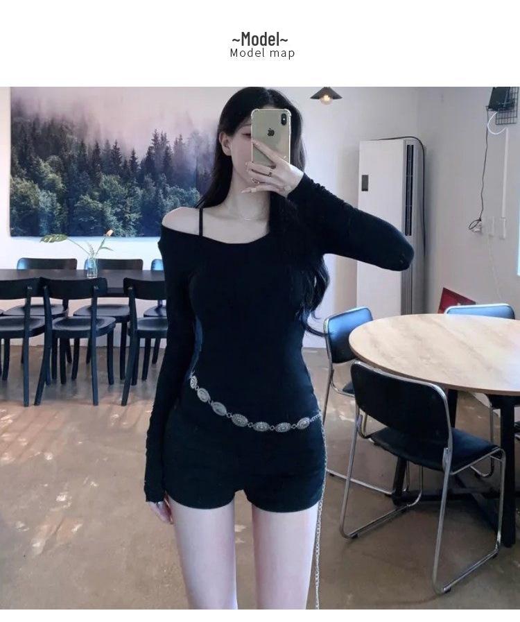 Korean Dongdaemun Slim-Fit Sexy Long Sleeve T-shirt with Large Neckline