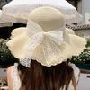 Sun Hat Large Wavy Brim Breathable Summer Straw Hat with Lace Bow Tulip Decor Foldable Portable Travel Hat