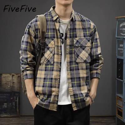 Camicia a maniche lunghe con risvolto da uomo FiveFive, stile retrò americano a quadri
