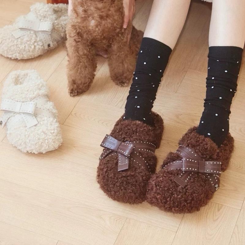 Retro Thick-soled One-pedal Slippers Velvet Cotton Shoes Autumn and Winter Design Sense Fashion French Casual Fluffy Shoes Women's Shoes