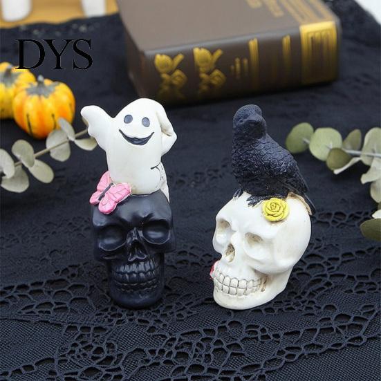 Spooky Atmosphere Props Gothic Halloween Skull Figurine, Ghost/Raven on Statue, Dark Aesthetic Room Decor Resin Tabletop Ornament for Desk,