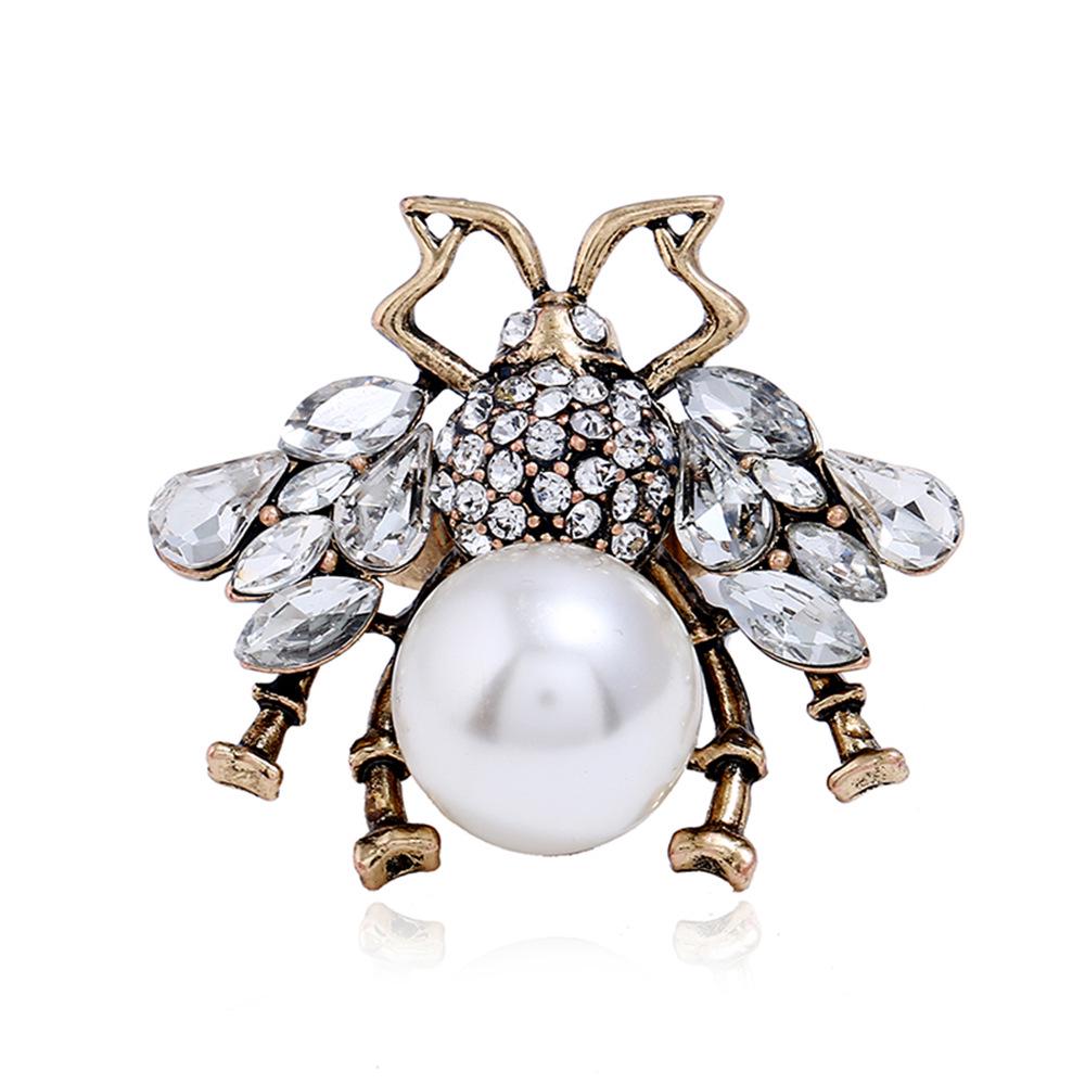 Women's Adjustable Retro Insect Pearl Enamel Gold Ring Earrings