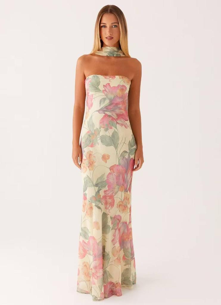 Maxi Abito in Chiffon Floreale Francese con Zip per Vacanze Estive al Mare