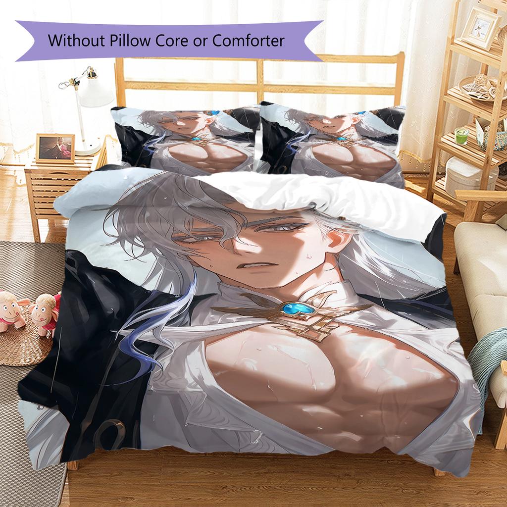 Ropa de Cama con Patrón de Genshin, Juego de Colcha Funda de Colcha Funda de Almohada Regalo de Cumpleaños para el Hogar (1 * funda nórdica + 2 * fundas de almohada, sin núcleo)