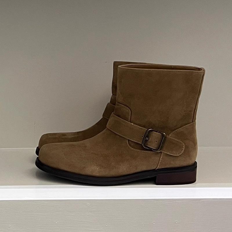 Fashion Women's Retro Buckle Western Cowboy Boots 2025 Autumn New Flat Ankle Boots Round Head Wide Tube Knight Boots Zapatos Mujer