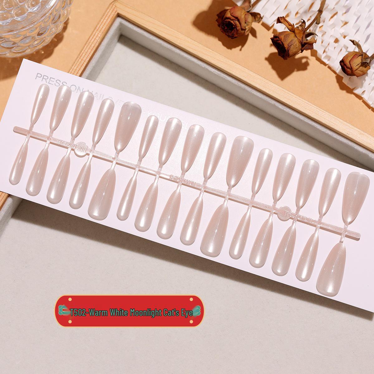 

Warm White Moonlight Cat Eye Almond Press-On Nails - Set of 30 Full Strip XS/S/M