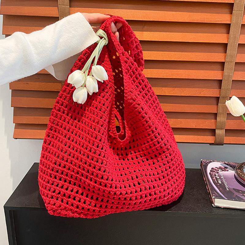 

Yogodlns Trendy Sweet Crochet Shoulder Bag with Tulip Pendant Leisure Beach Hollow Handbag Women Vacation Casual Woven Totes 38x14x35cm