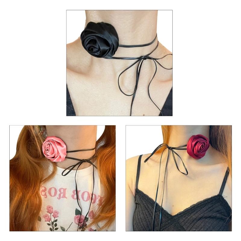Satin Choker Necklace Fashion Rose Flower Choker for Womens Accessory Punk Gothic Soft Black Girl Neck Jewelry Gift