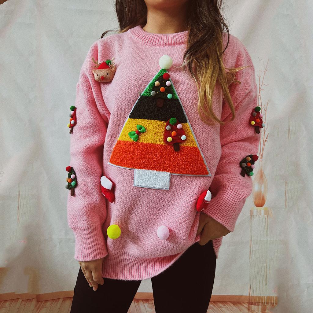 Christmas Sweater Women's Long Sleeved Lazy Style Round Neck Pullover Knitted Sweater