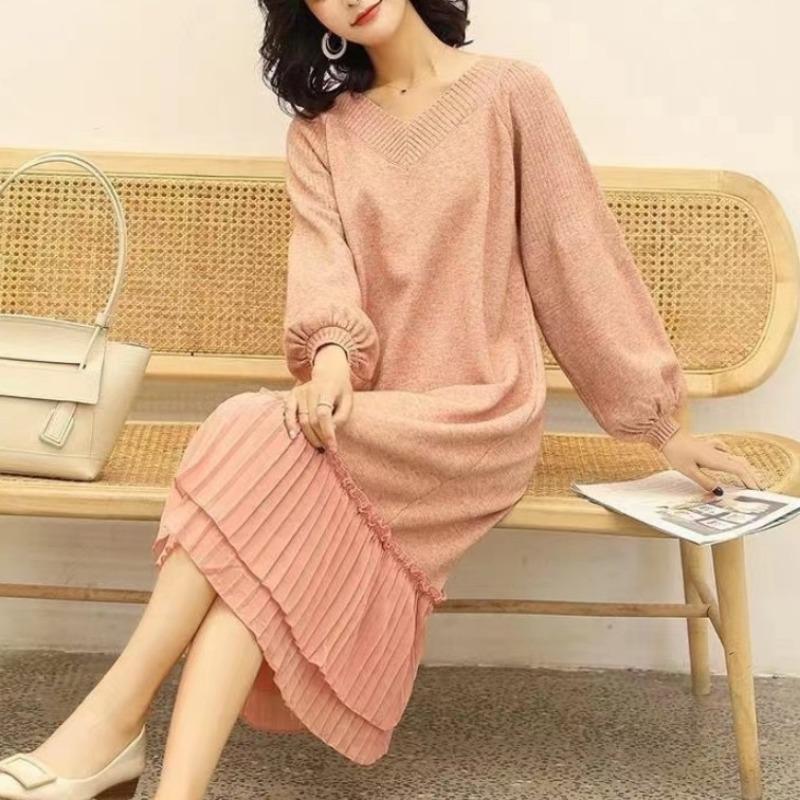 Autumn New Loose Large Size Knee Knitted Skirt Medium and Long Slim Splicing Inner Sweater Long Skirt