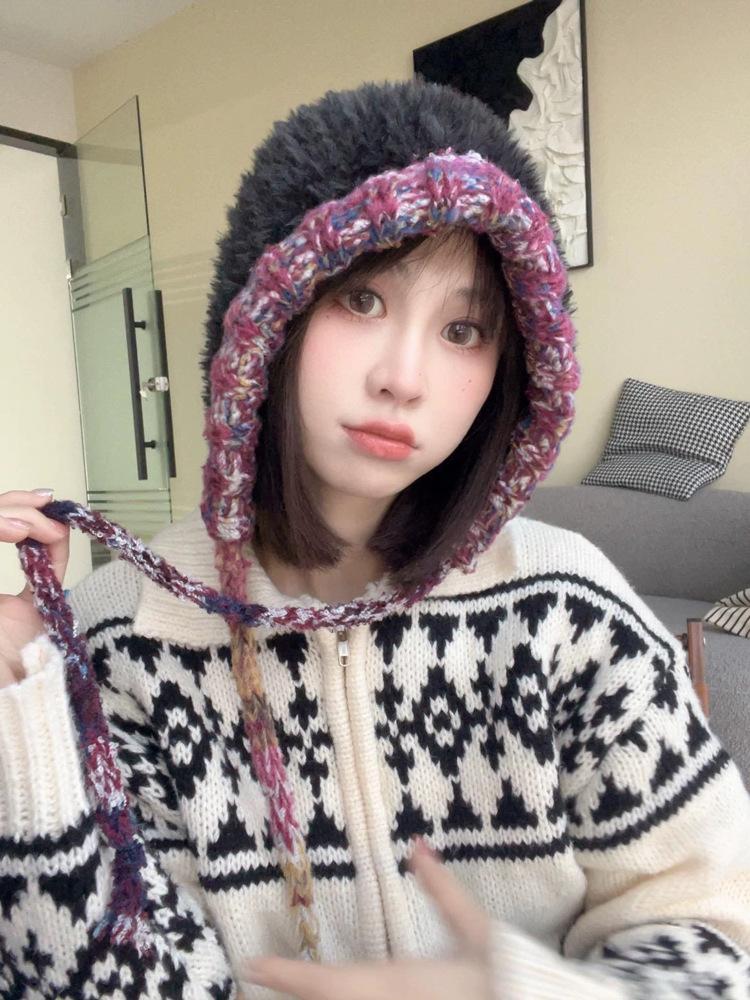 Autumn and Winter New Plush Ear Protection Bag Head Hat Women's Warm Versatile Wool Knitted Hat Mixed Color Drawstring