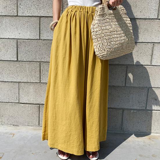 Women Pants Solid Color Side Pockets Temperament Elastic Waist Wide Leg Trousers Streetwear