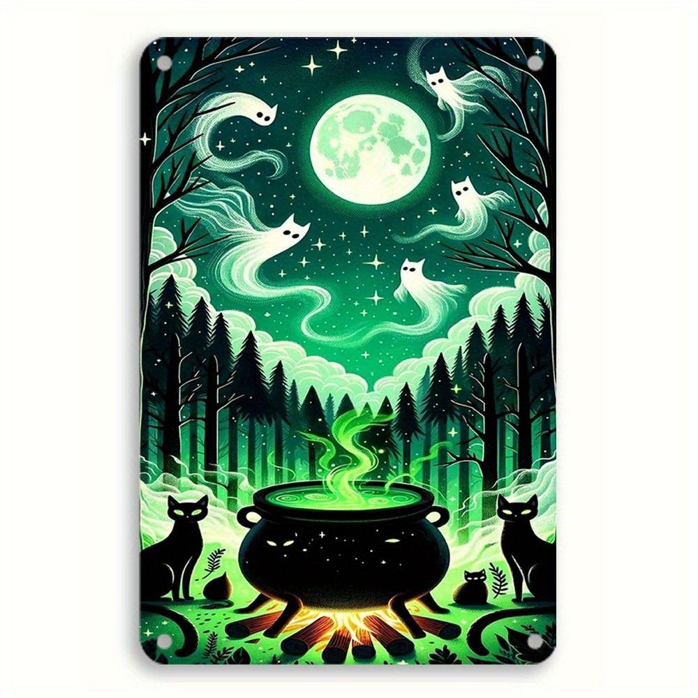 Witch Cat Forest Halloween Sign Metal Tin Sign 20x30 cm Wall Decor