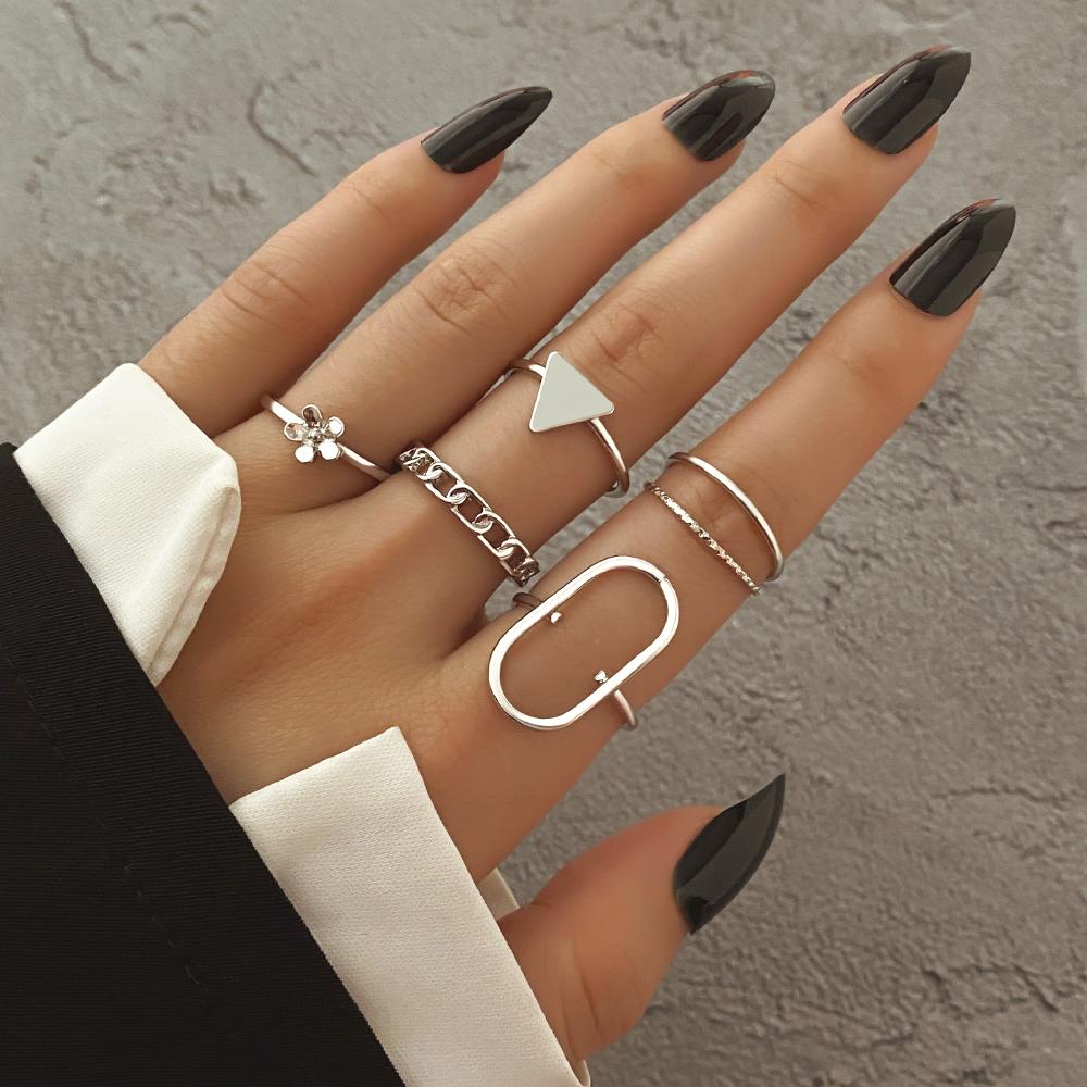 2023 Korean Simple Women Nightclub Ring Party Ring Geometric Carving Girl Student Ring Triangle Hollow Out Ring Set Combination
